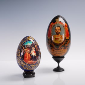 4pc Russian Hand-Painted Eggs, Nativity & Czar, with Stands