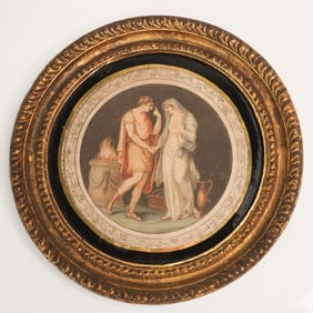 Neoclassical Round Framed Painting, Oath at the Altar Scene