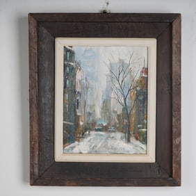 Leon Louis Dolice, Oil on Panel, New York City in Winter, Signed