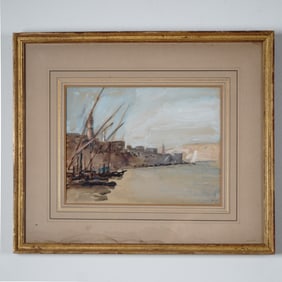 Continental School Harbor Scene Watercolor and Ink on Paper, Signed