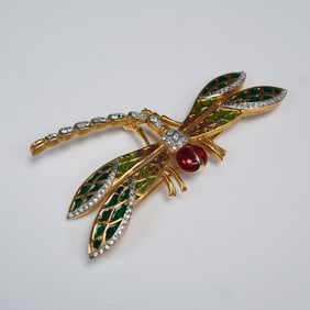 Landau Gold Tone Dragonfly Brooch with Enamel and Rhinestones