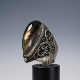 Large Russian Silver Ring with Elongated Obsidian or Smoky Quartz Cabochon