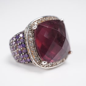 Sterling Silver Ring with Large Purple Stone and Amethyst Accents