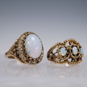 Pair of Vintage Gold-Plated Rings with Opal Simulants and Rhinestones