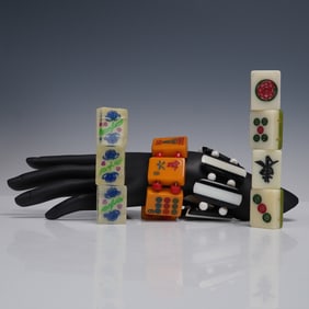 4pc Group of Vintage Stretch Bracelets Including Mahjong Tile Designs