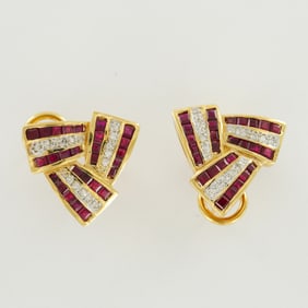 Pair of 14k Yellow Gold Clip-On Earrings with Rubies and Diamonds