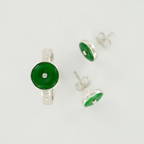 2pc 14K White Gold Jadeite/Diamond Ring and Earrings Set
