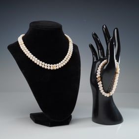 2pc Pearl Necklace and Bracelet Set With 14K Yellow Gold and Diamonds