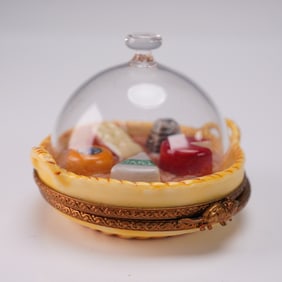 Limoges Cheese Tray Ring Box with Glass Dome and Mouse Clasp