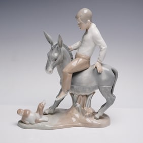 Lladro Porcelain Figurine, Boy on Donkey with Dog