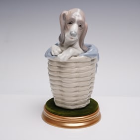 Lladro Porcelain Figurine, Dog in Basket 1001128 with Base