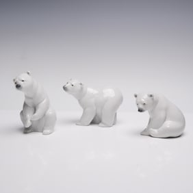 3pc Lladro Porcelain Figurines, Attentive, Resting and Seated Polar Bears