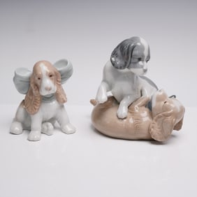 2pc Nao by Lladro Porcelain Dog Figurines, Puppy Present & Twerp & Mikie