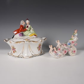 2pc Occupied Japan Porcelain Lidded Dish and Shoe Planter