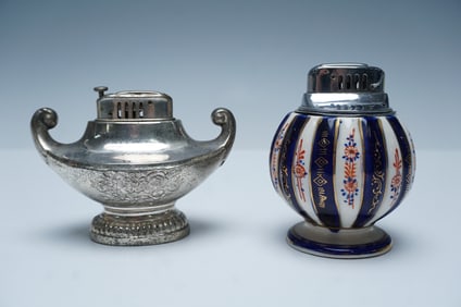 2pc Occupied Japan Table Lighters, Silverplate and Hand-Painted Porcelain