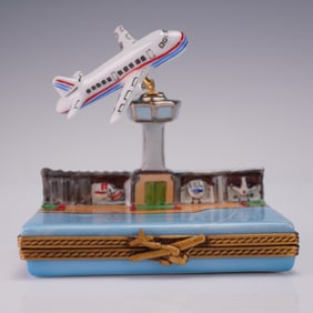 Limoges France Airplane Tower Ring Box with Original Box
