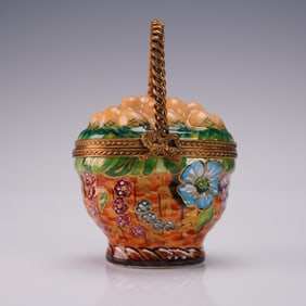 Limoges France Ring Box Woven Basket of Eggs with Flowers