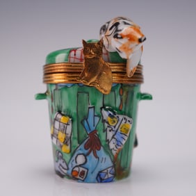 Rochard Limoges France Box with Cat on Trash Can