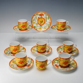 16pc Hermes La Siesta Porcelain Demitasse Cups and Saucers, Set for 8