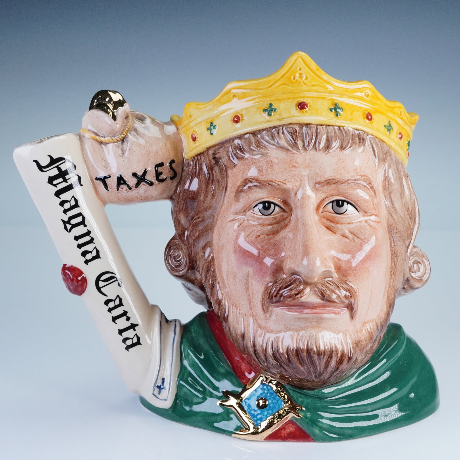 Royal Doulton Character Jug, King John D7125: Royal Doulton character jug titled "King John," model D7125, designed by Robert Tabbenor and issued in 1999 exclusively for the Royal Doulton International Collectors Club. This large, hand-made, and 