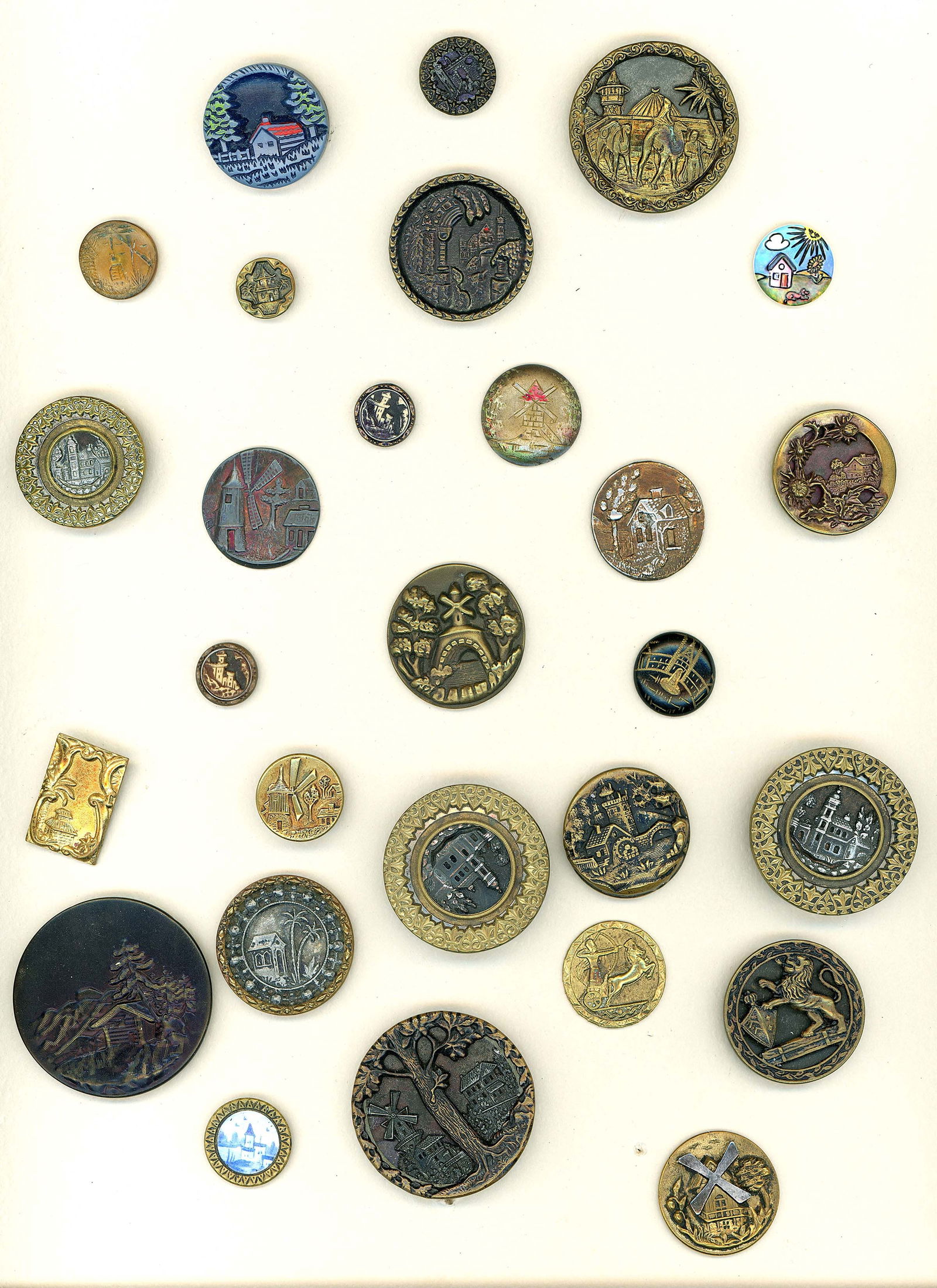 A full card of assorted pictorial buttons: 28 Small/Medium/Large 19th-20th C. assorted Architectural examples. Here is a very nice card from Jose Romans collection depicting various buildings and scenes. The lot includes a nice delft blue enam