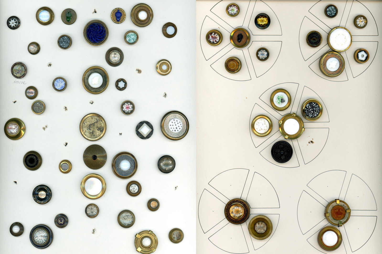 2 Cards of assorted drum and drum like buttons: 60 Small/Medium 19th century assorted center examples. Many of the buttons on these two cards qualify as drum shape buttons according to the National Button society classification. Some of the example