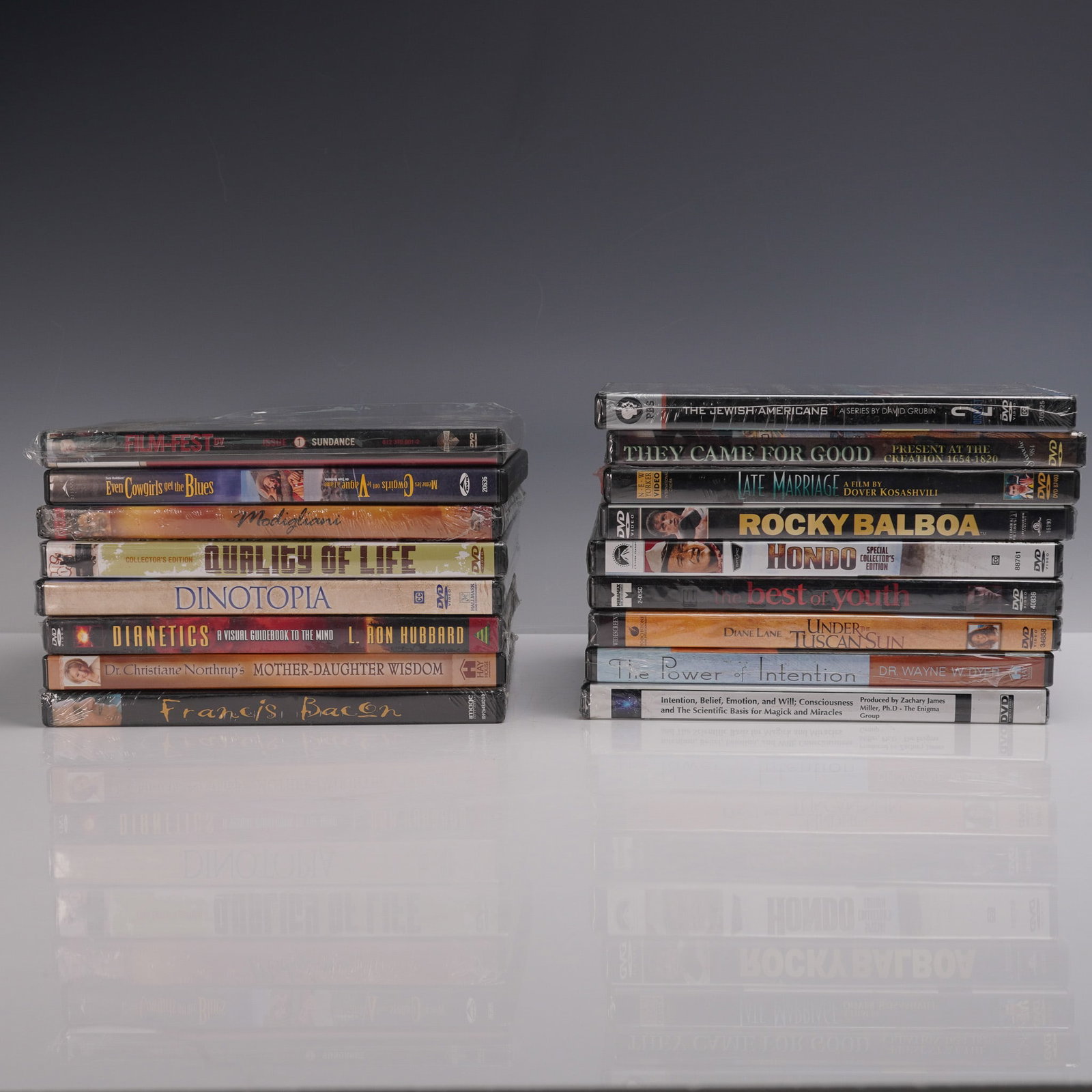 17pc DVD Mixed Genre Movies and Documentaries Collection: A collection of 17 movies and documentaries including the Jewish Americans, They Came For Good, Late Marriage, Rocky Balboa, Hondo, The Best Of Youth, Under The Tuscan Sun, The Power of Intention, Int