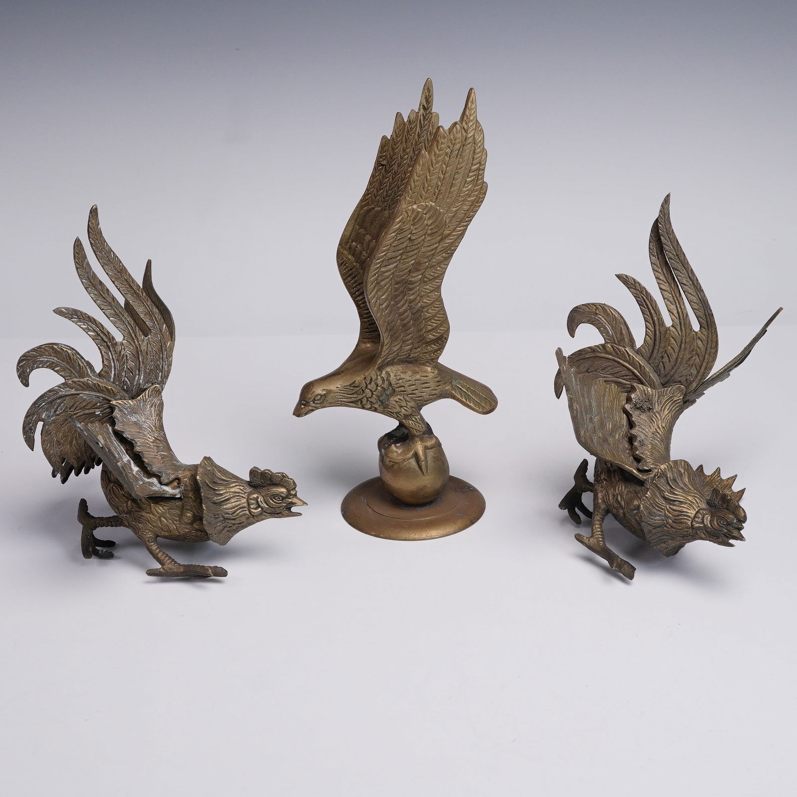 3pc Brass Figural Sculptures: Eagle and Fighting Roosters (1 of 5)