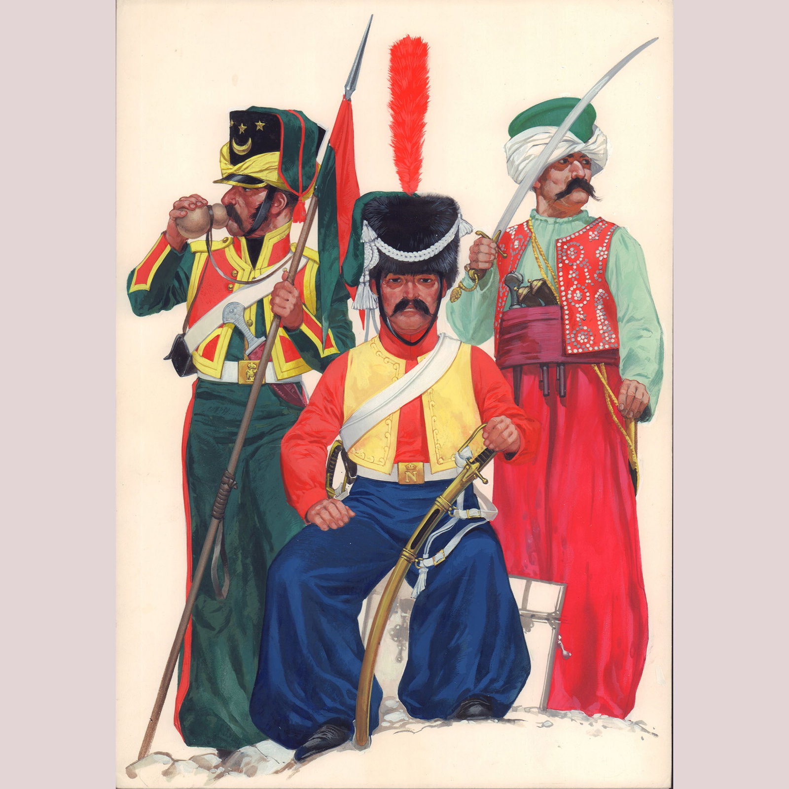 Attr. to Angus McBride, Original Gouache on Board, Napoleonic Guard Cavalry: An original gouache painting attributed to Angus McBride, depicting three members of Napoleon's Guard Cavalry in elaborate parade dress. At center, a lancer sits confidently with curved sabre in hand,