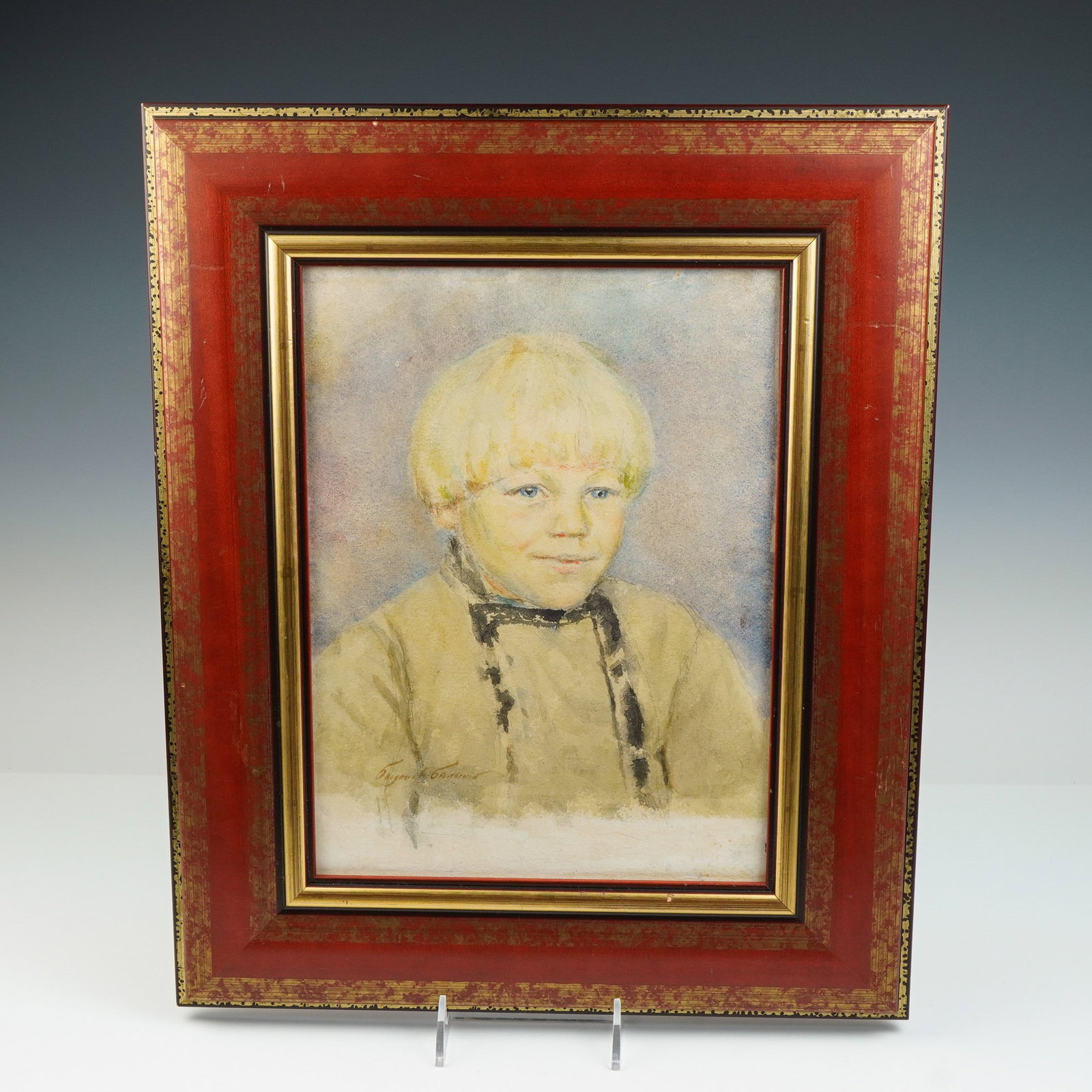 Nikolai Petrovich Bogdanov-Belsky (Aft.) Watercolor on Paper, Signed: A tender and skillfully executed portrait after Russian painter Nikolai Petrovich Bogdanov-Belsky, capturing the innocence and quiet charm of a young blond-haired boy. Rendered in watercolor on paper,