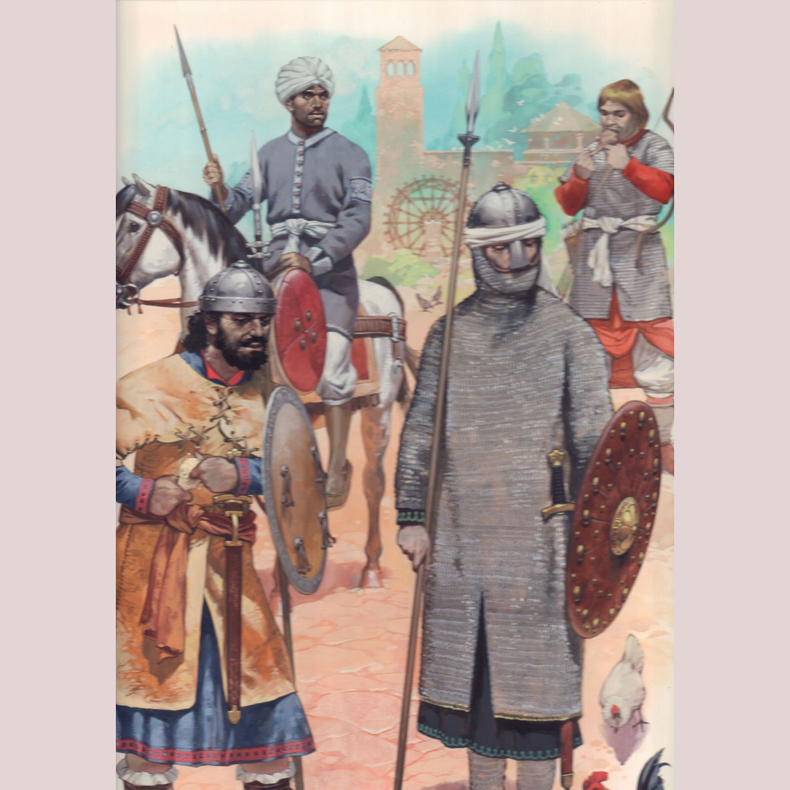 Angus McBride Original Gouache on Board, Islamic Warriors, Signed: An exceptional original gouache painting by the legendary Angus McBride, this work presents a vivid and detailed study of Islamic warriors in a medieval urban setting. At the forefront stand two armor