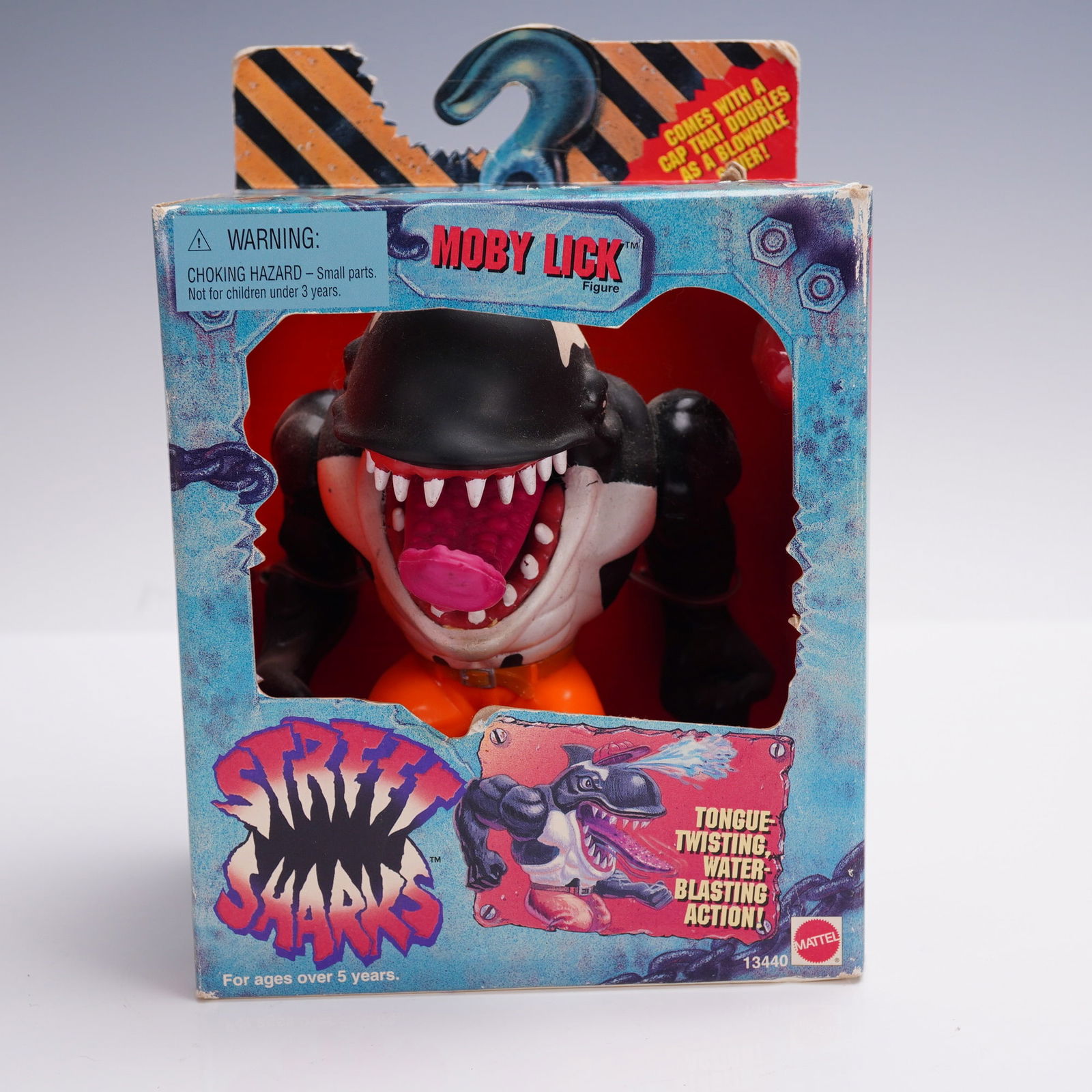 Street Sharks Moby Lick Figure in Box Mattel 1995: Vintage 1995 Street Sharks Moby Lick action figure by Mattel, part of the second wave of figures from the animated crime-fighting shark franchise. Features tongue twisting water blasting action and in