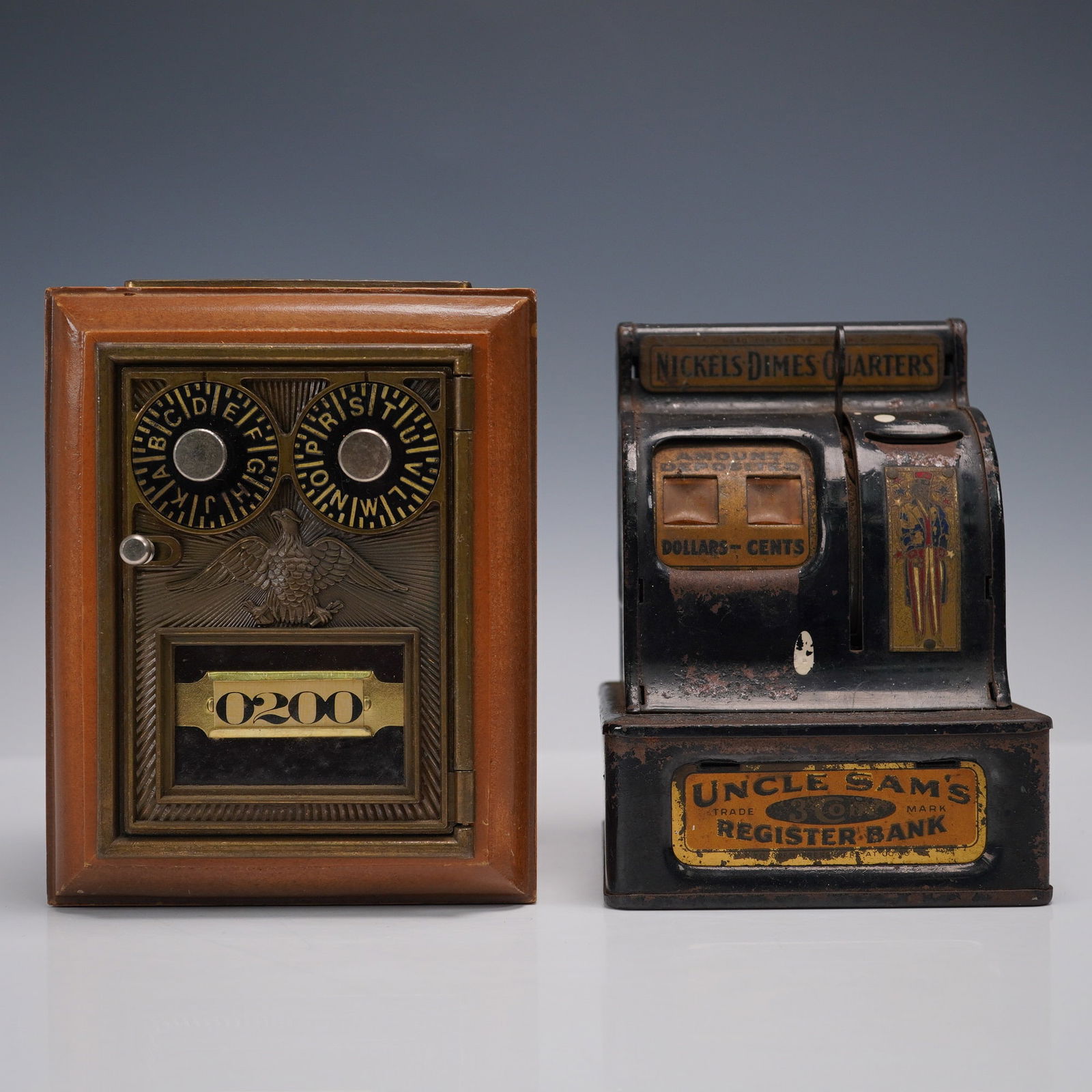 Pair of Vintage Coin Banks: Uncle Sam's Register Bank & Post Office Lockbox (1 of 6)