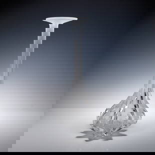 Lalique Crystal Marie Claude Vase: Elevate any corner with this elegant Lalique crystal vase - its slender frosted neck transitions beautifully into a clear, scalloped teardrop base with subtle droplet relief. Frosted-on-clear crystal
