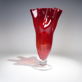 Handblown Ruby Red Art Glass Vase with Clear Foot
