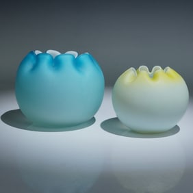 2pc Satin Glass Rose Bowls, Blue and Yellow