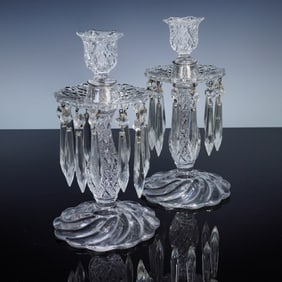 2pc Duncan & Miller Sandwich Clear Glass Candlestick Lustres