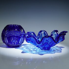 2pc Group of Cobalt Blue Glass, Murano and Bohemian