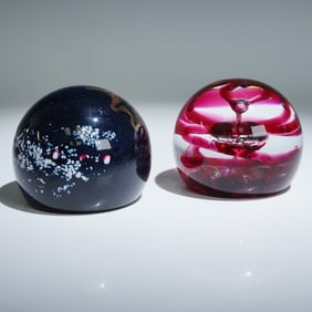 2pc Selkirk Glass Paperweights, Red Mirage (Ltd Ed) and Wizards Eye
