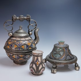 4pc Moroccan Filigree and Enamel Decorated Tea Set