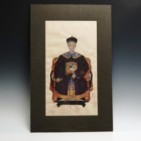Chinese Ancestor Portrait Mixed Media Painting on Paper