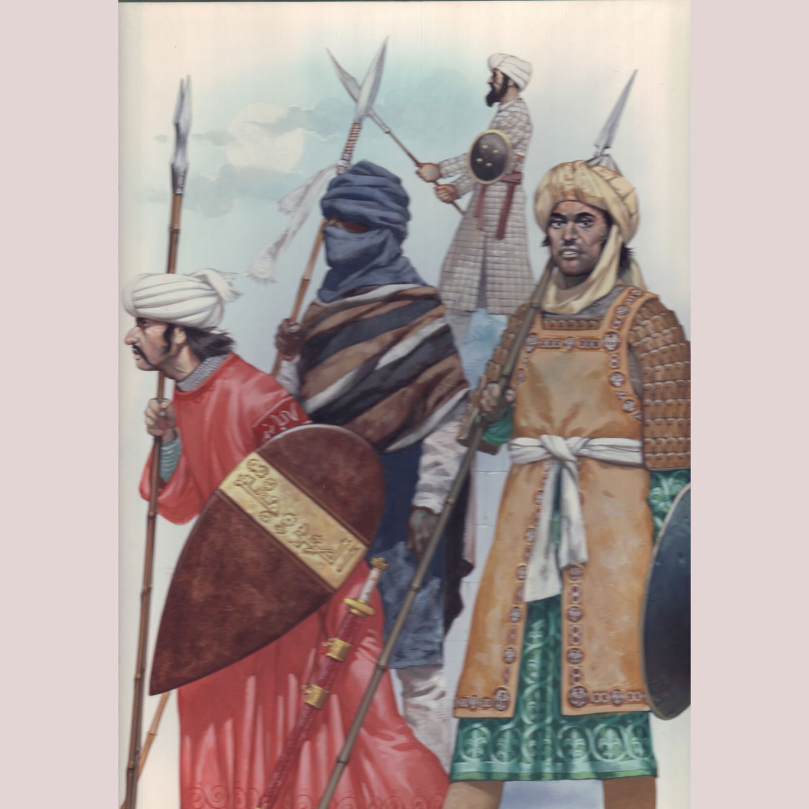 Angus McBride Original Gouache on Board, Islamic Warriors, Signed: An original gouache on board painting by renowned historical illustrator Angus McBride, signed lower right. This composition presents a group of Islamic warriors drawn from various regions and histori