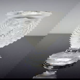 Lalique Crystal Tete de Lion Cigarette Cup: Lalique crystal cigarette cup featuring the Tete de Lion design with a frosted and clear crystal finish, showcasing an intricately molded lion's head motif on the bowl. Raised on a circular pedestal b