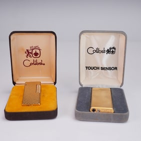2pc Colibri Gold Tone Pocket Lighters with Velvet Boxes