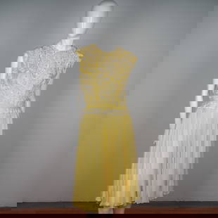 Yellow Beaded Silk Party Dress with Sequined Bodice: A stunning example of mid-century elegance, this vintage party dress is crafted from pure silk in a cheerful, buttery yellow hue. The sleeveless bodice is richly adorned with intricate white beadwork