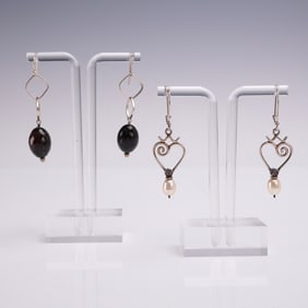 2pr Sterling Hanging Earrings w/ Pearl & Black Beads