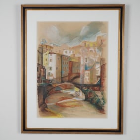 Original Pastel on paper, Cityscape with Bridge, Signed