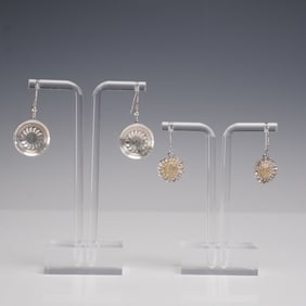 2pr Sterling Silver Dangle Earrings Flower and Disc