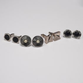 8pc - 4 Pr MCM Silver Tone Men's Cufflinks with Gemstone & Geometric Design
