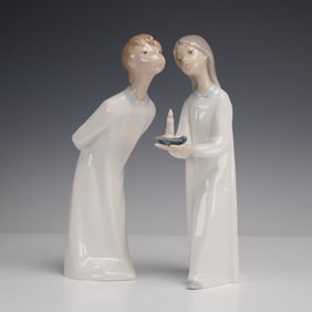 2pc Lladro Porcelain Figurines, Girl w/Candle 4868 & Boy Kissing 4869